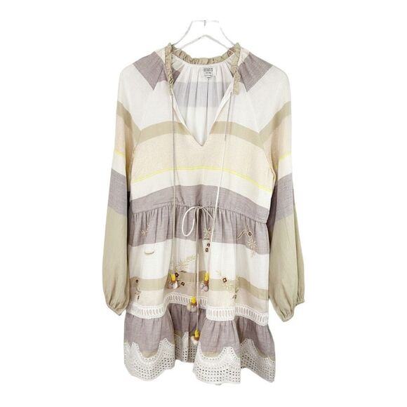 Hemant & Nandita Ivory Color Block Long Sleeve Line Embroidered Tassel Dress - Picture 1 of 14